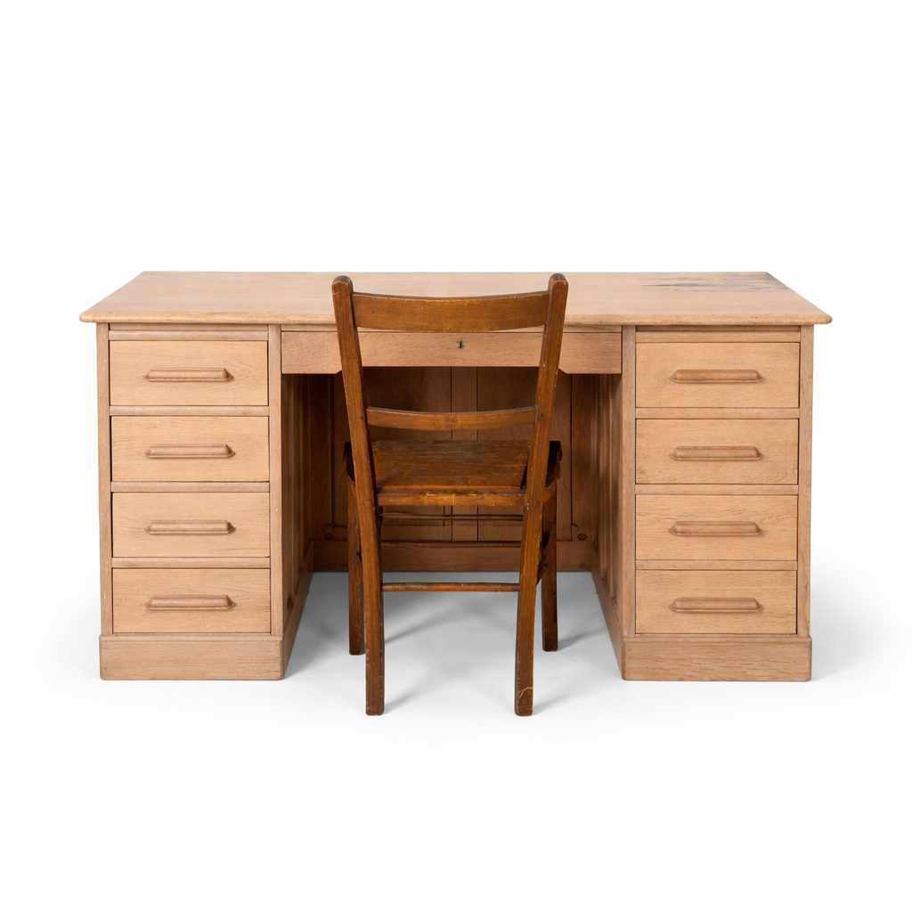 Vintage Pine & Oak Twin Pedestal Desk – 8 Drawer Writing Desk