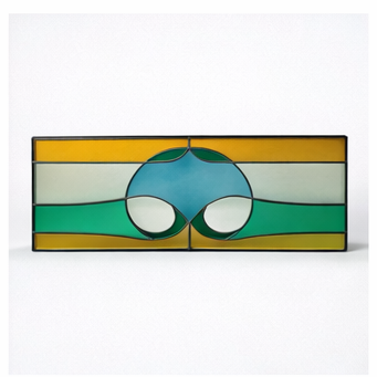 Vintage Stained Glass Window Panel – Geometric Leaded Glass in Green, Amber & Blue