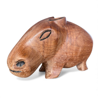 Mid Century Wooden Sculpture | Hand Carved Wood Hippo Statue With Natural Grain