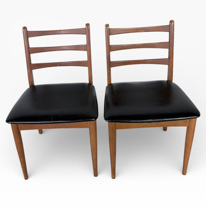 Mid Century Dining Chairs – Teak Ladder Back with Black Vinyl Seats, Vintage Comfort