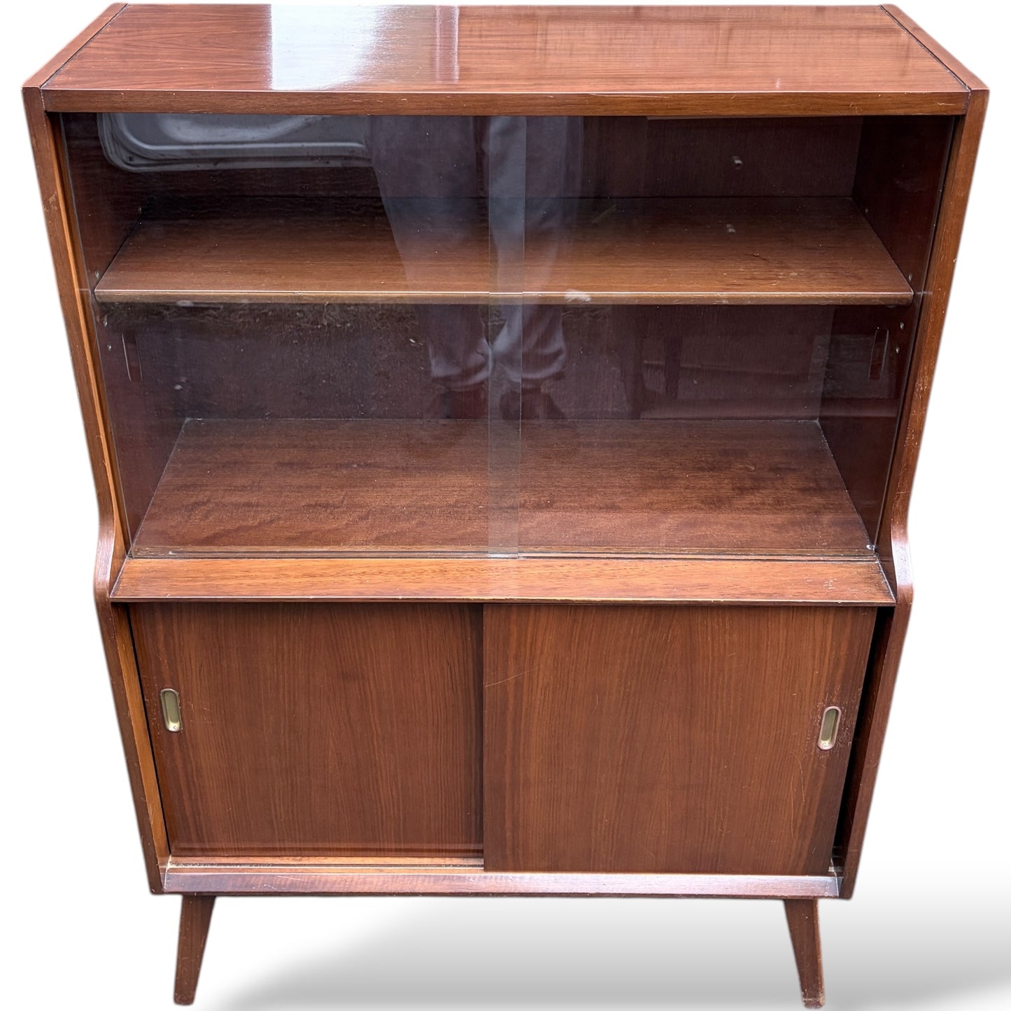 Mid Century Display Cabinet – Walnut Glazed Bookcase With Sliding Glass Doors