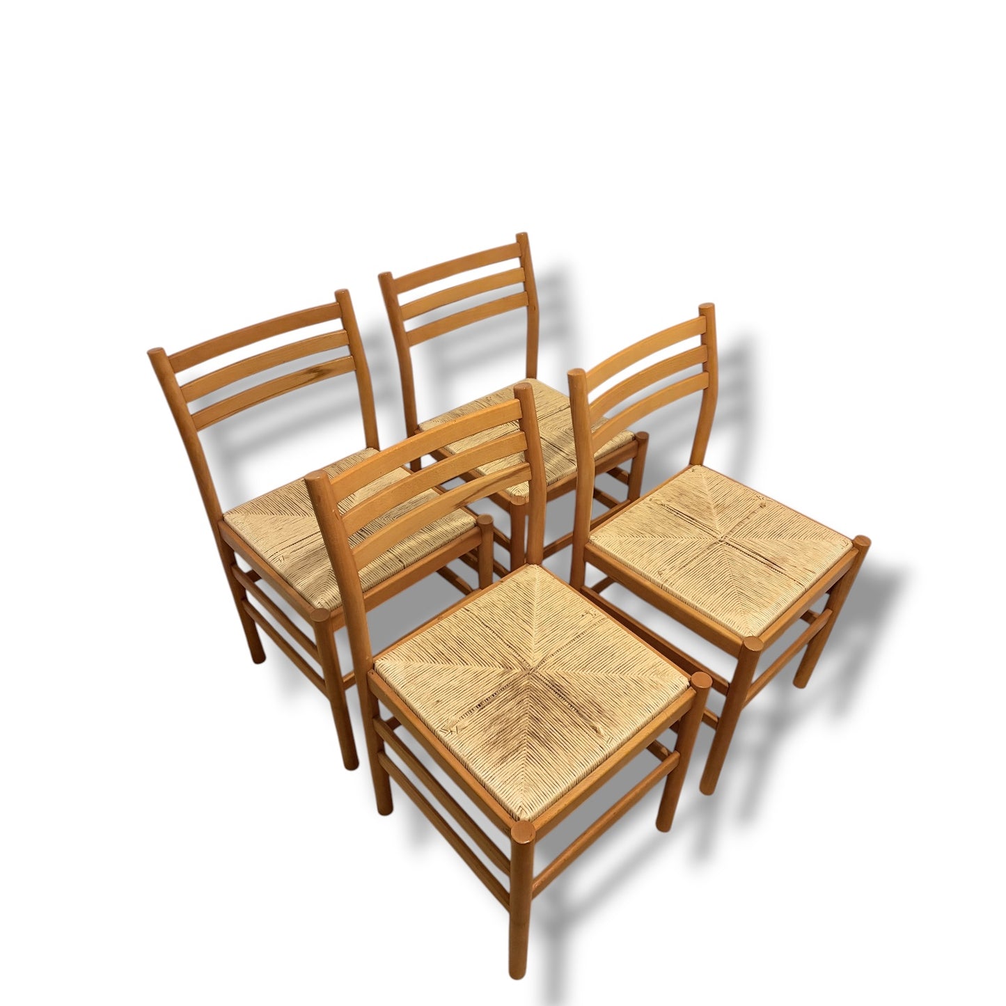 Italian Beech Dining Chairs – Set of Four Vintage Ladder Back Chairs with Woven Rush Seats
