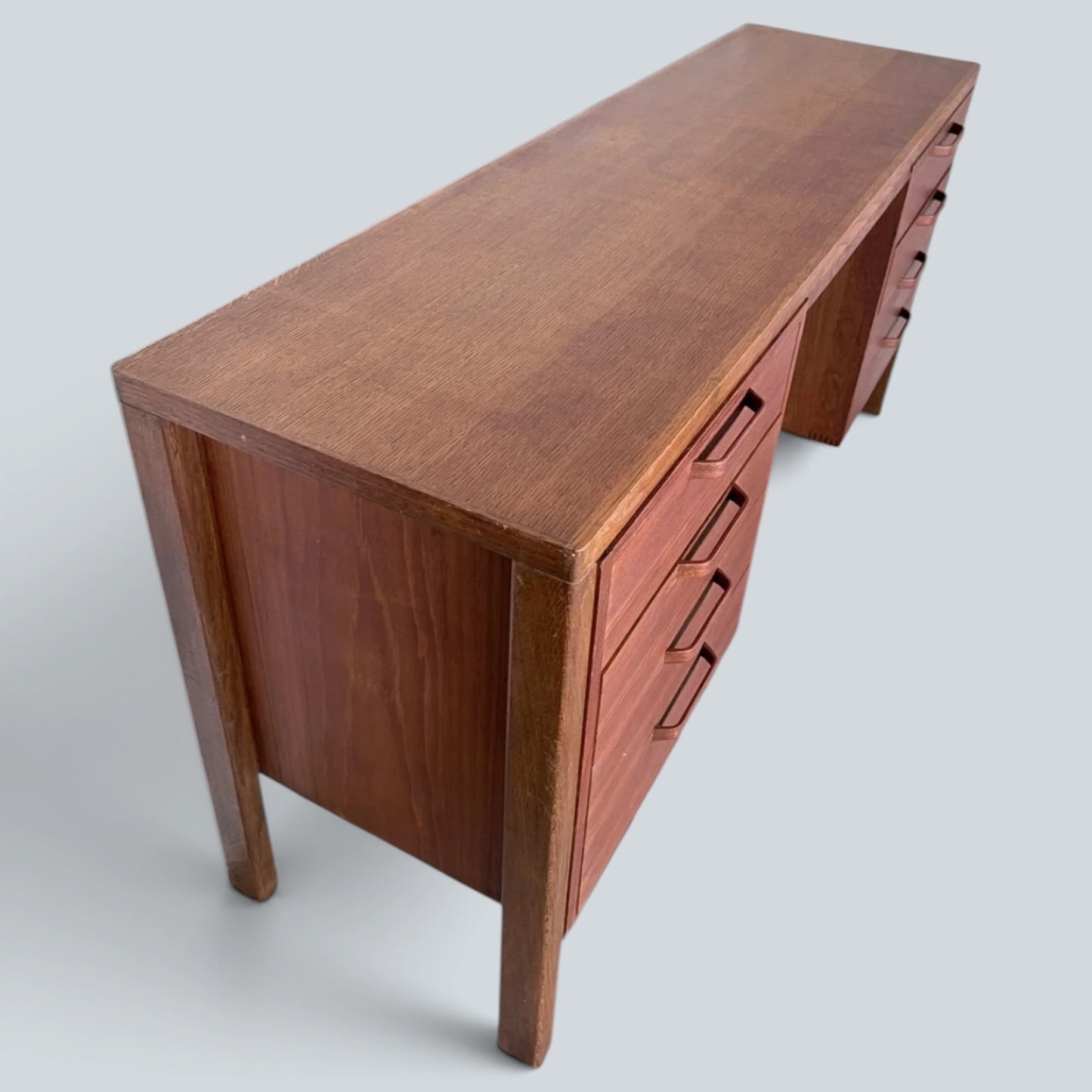 Mid Century Alfred Cox Teak and Oak Twin Pedestal Desk Eight Drawer Executive Office Desk