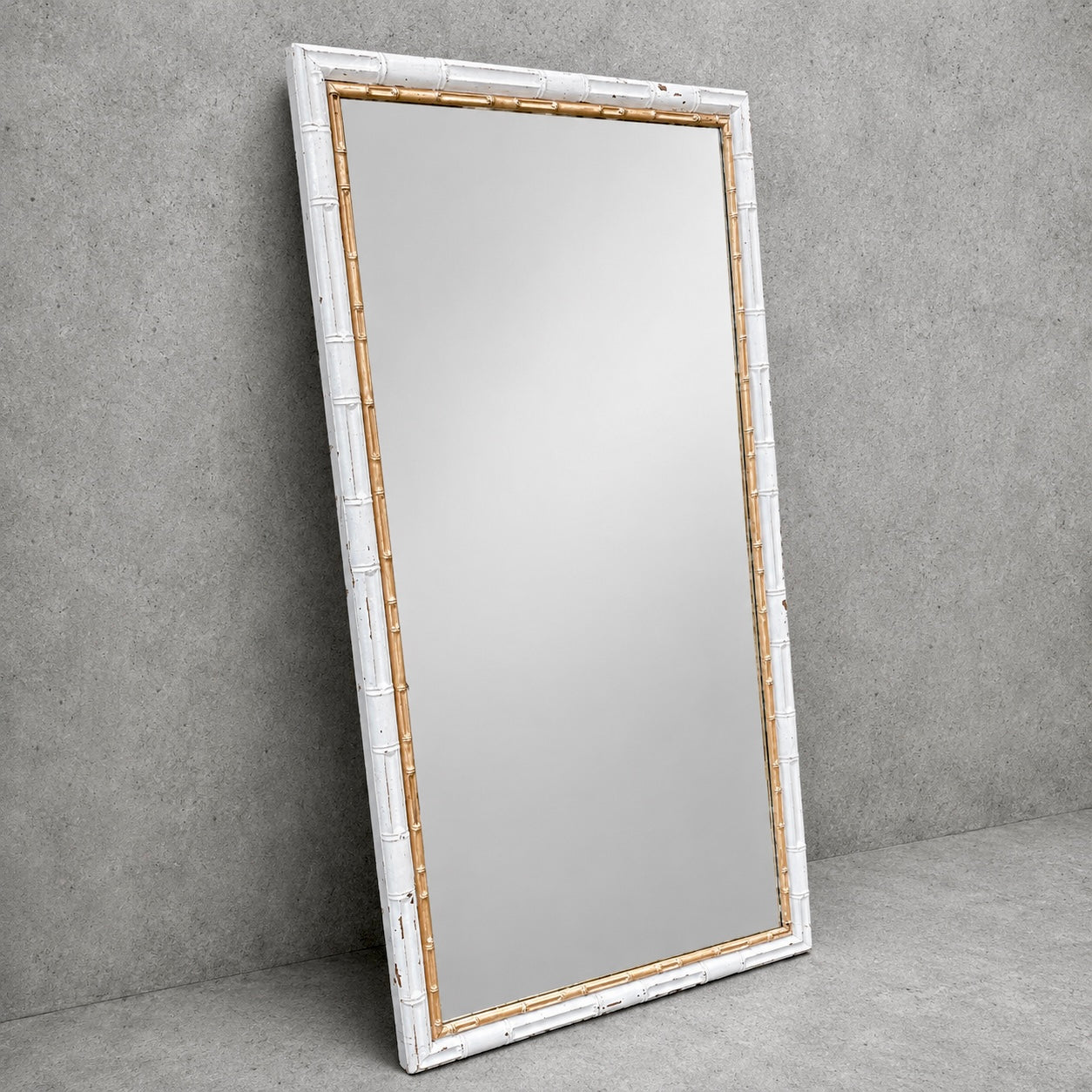 Mid Century Tall Faux Bamboo Floor Mirror in White & Gilt