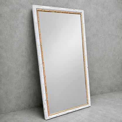 Mid Century Tall Faux Bamboo Floor Mirror in White & Gilt