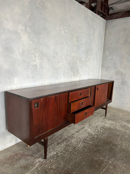 Danish Mid-Century Rosewood Sideboard | Vintage Long Credenza with Drawers & Sliding Doors