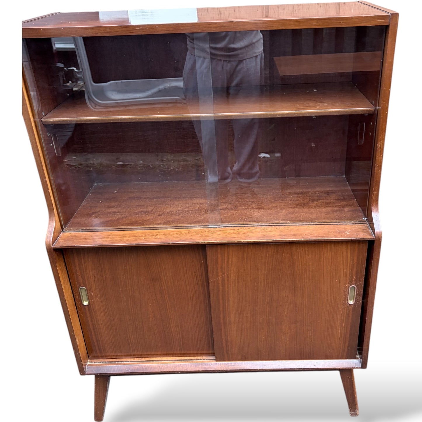 Mid Century Display Cabinet – Walnut Glazed Bookcase With Sliding Glass Doors