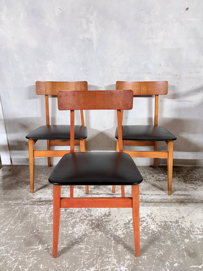 Mid Century Danish Teak Dining Chairs – Set of 3, Black Vinyl Seats