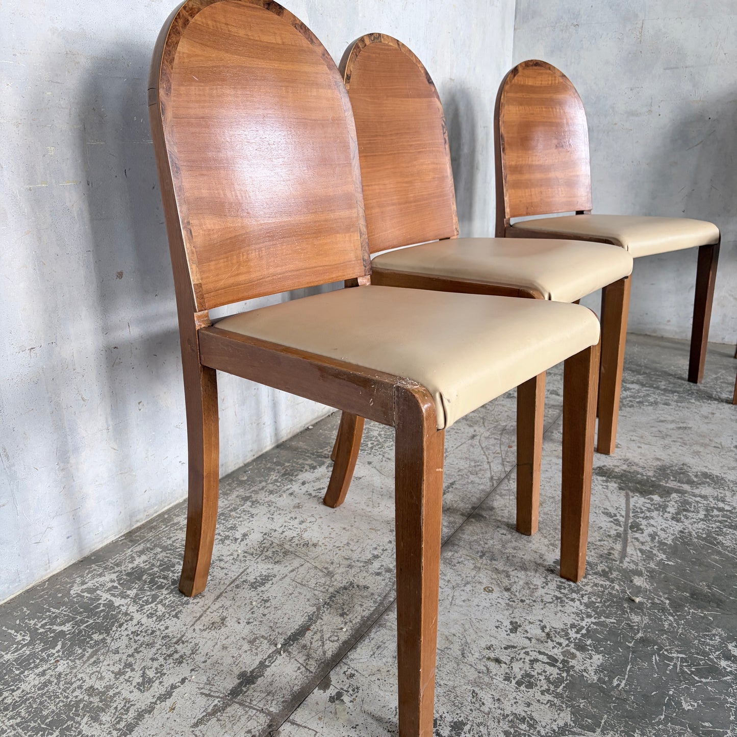 Set of Four Art Deco Burr Walnut Dining Chairs with Cream Upholstered Seats