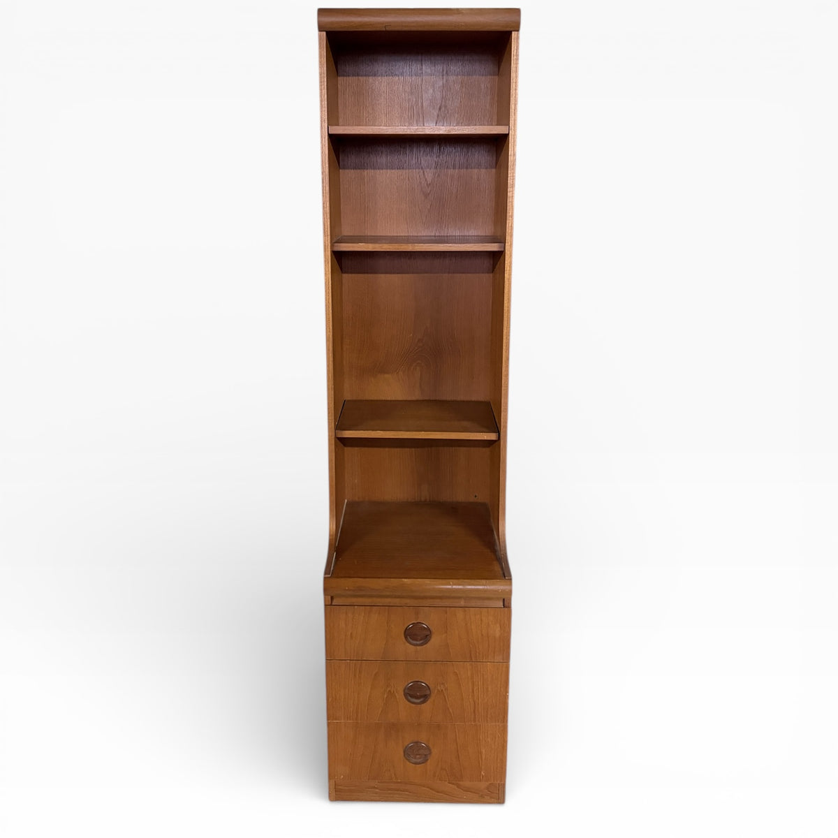 Mid-Century Tall Bookcase – Vintage Wooden Bookcase With Drawers & Open Shelving Unit