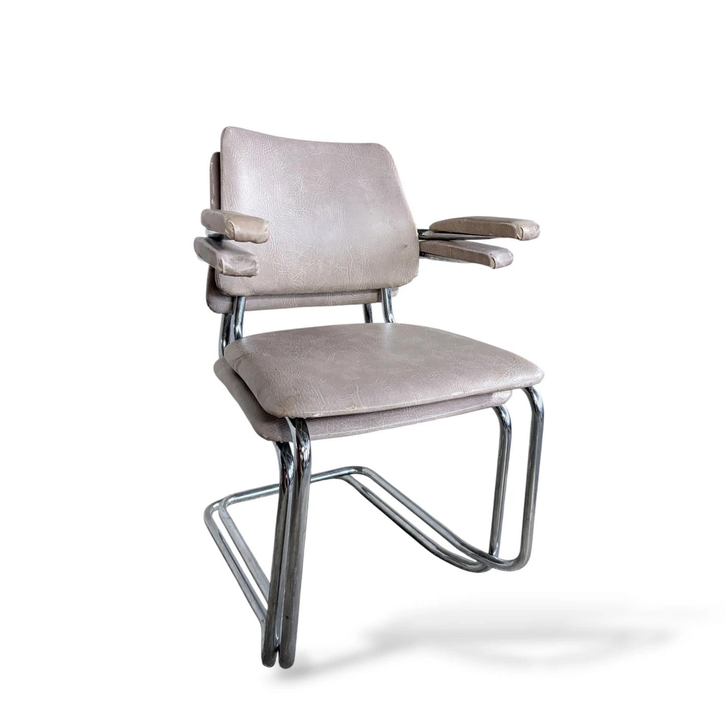 Pair of Mid Century Chrome Cantilever Dining Chairs / Bauhaus Style Stacking Chairs