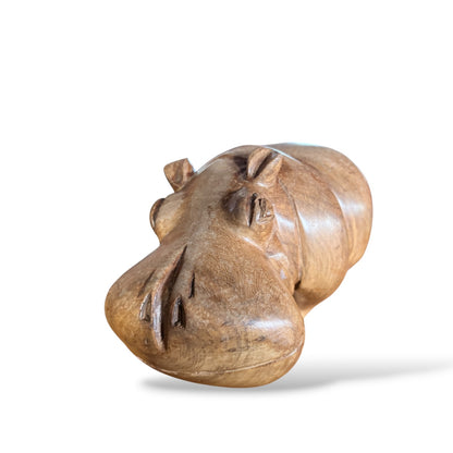 Wood Hippopotamus Sculpture - Mid Century Hand Carved Solid Teak Statue