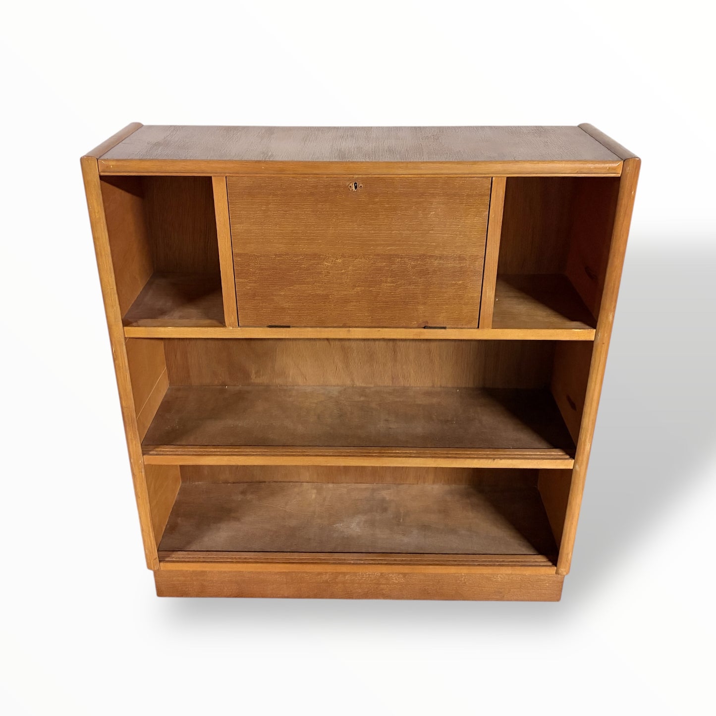 Nathan Oak Drop-Down Bureau Desk Cabinet with Sliding Glass Doors – Mid Century