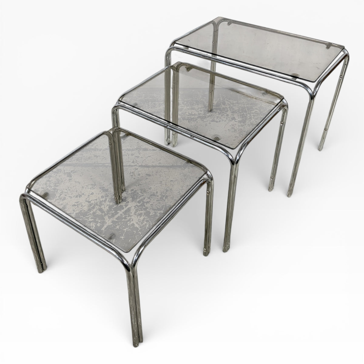 Mid Century Smoked Glass & Tubular Chrome Nest of Tables