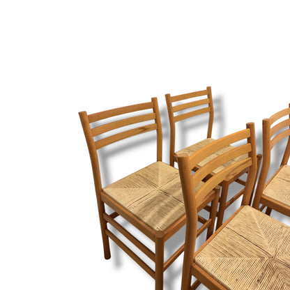 Italian Beech Dining Chairs – Set of Four Vintage Ladder Back Chairs with Woven Rush Seats