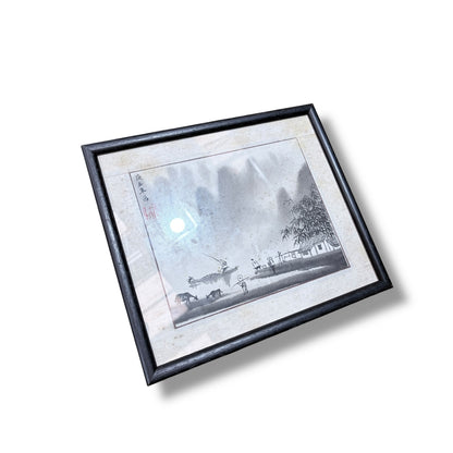 Vintage Oriental Ink Landscape Painting – Framed Asian Watercolour Artwork — view 7