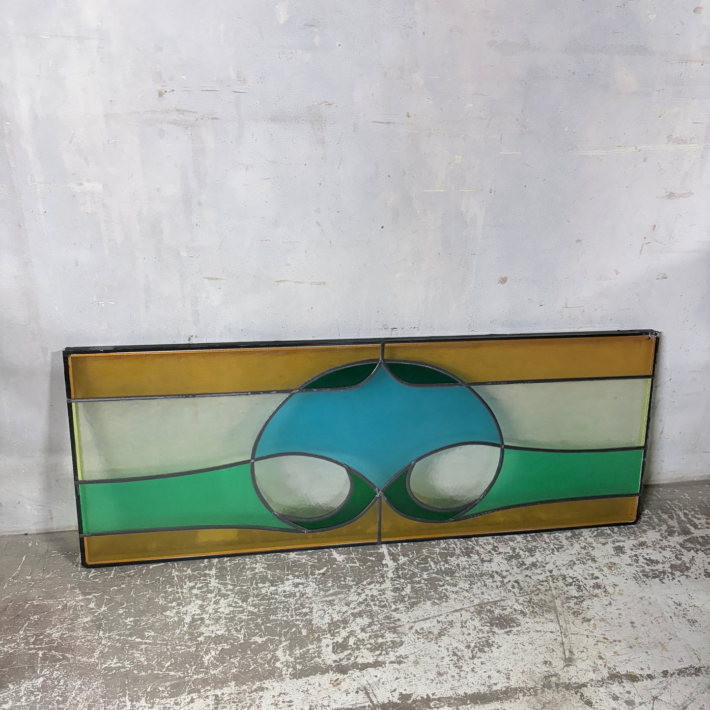 Vintage Stained Glass Window Panel – Geometric Leaded Glass in Green, Amber & Blue