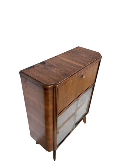 Art Deco Walnut Bureau Drinks Cabinet with Glazed Display