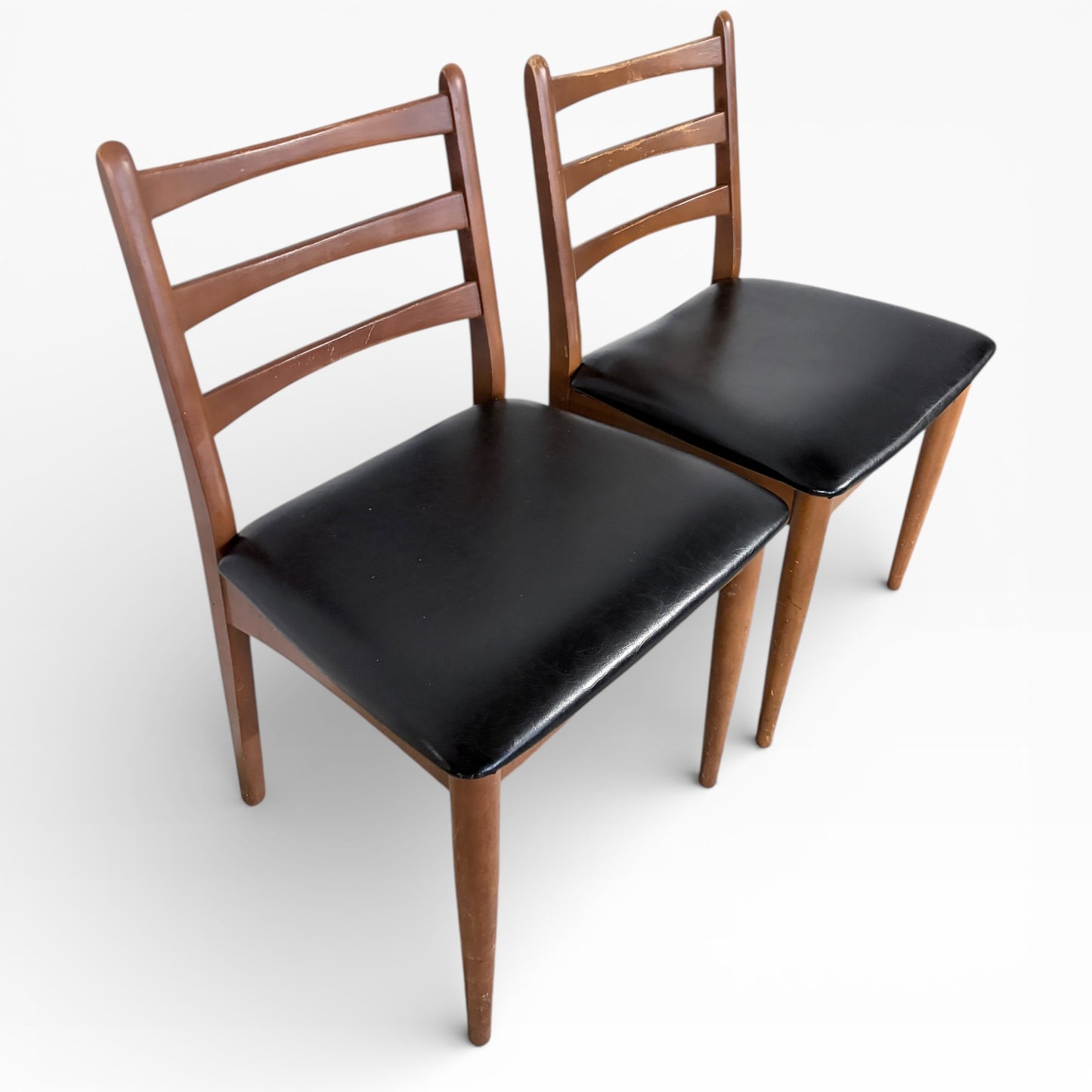 Mid Century Dining Chairs – Teak Ladder Back with Black Vinyl Seats, Vintage Comfort