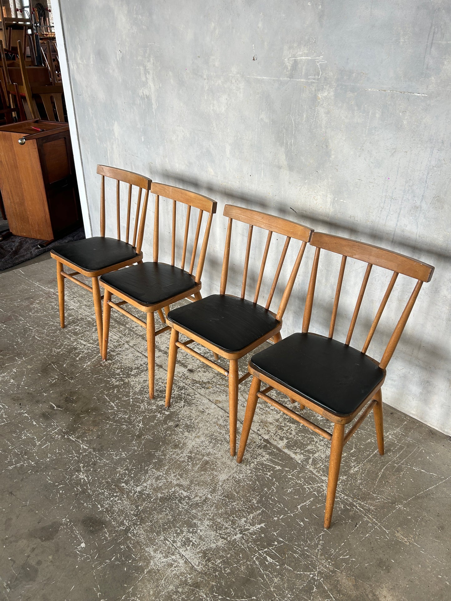 Set of 4 Vintage Stick Back Dining Chairs | Mid-Century Kitchen Chairs with Black Vinyl Seats
