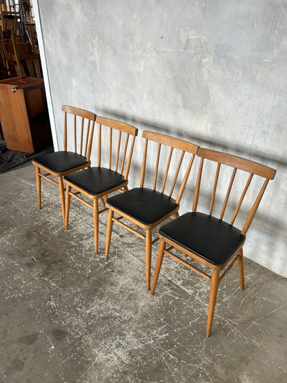 Set of 4 Vintage Stick Back Dining Chairs | Mid-Century Kitchen Chairs with Black Vinyl Seats