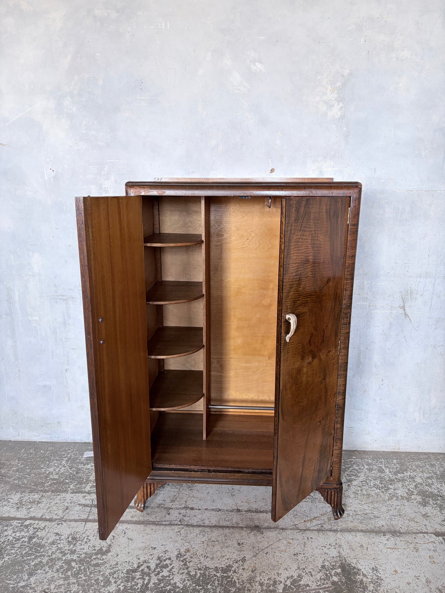 Art Deco Walnut Compact Wardrobe with Interior Shelving