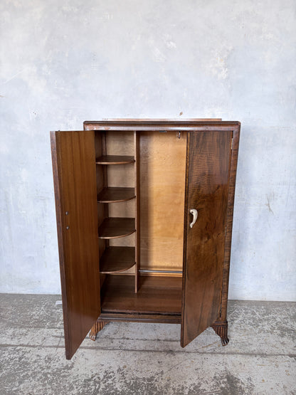Art Deco Walnut Compact Wardrobe with Interior Shelving