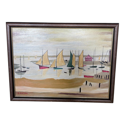 Vintage Coastal Harbour Painting by D. Ayrton – Framed Nautical Wall Art