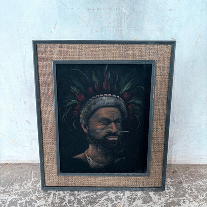 Vintage Signed Oil Portrait of a Papuan Highlander by L. Rewey | Original Mid-Century Framed Oil Painting — view 3