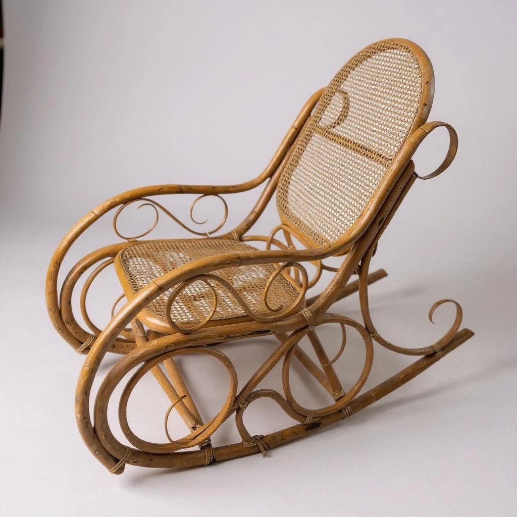 Mid Century Bamboo & Rattan Rocking Chair with Matching Footstool