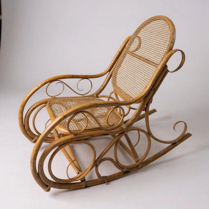 Mid Century Bamboo & Rattan Rocking Chair with Matching Footstool