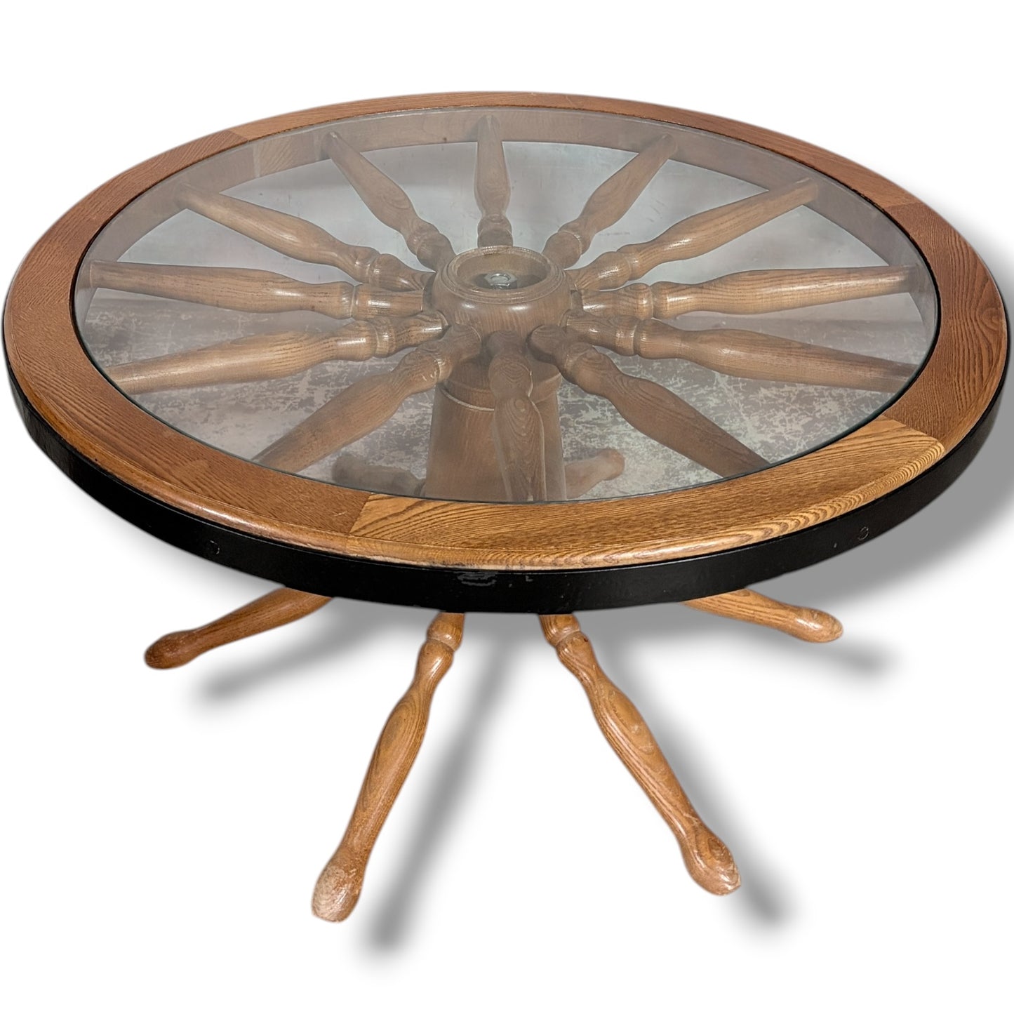 Vintage Ship Wheel Table – Elm and Oak Nautical Coffee Table with Glass Top