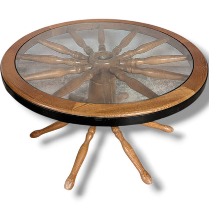 Vintage Ship Wheel Table – Elm and Oak Nautical Coffee Table with Glass Top