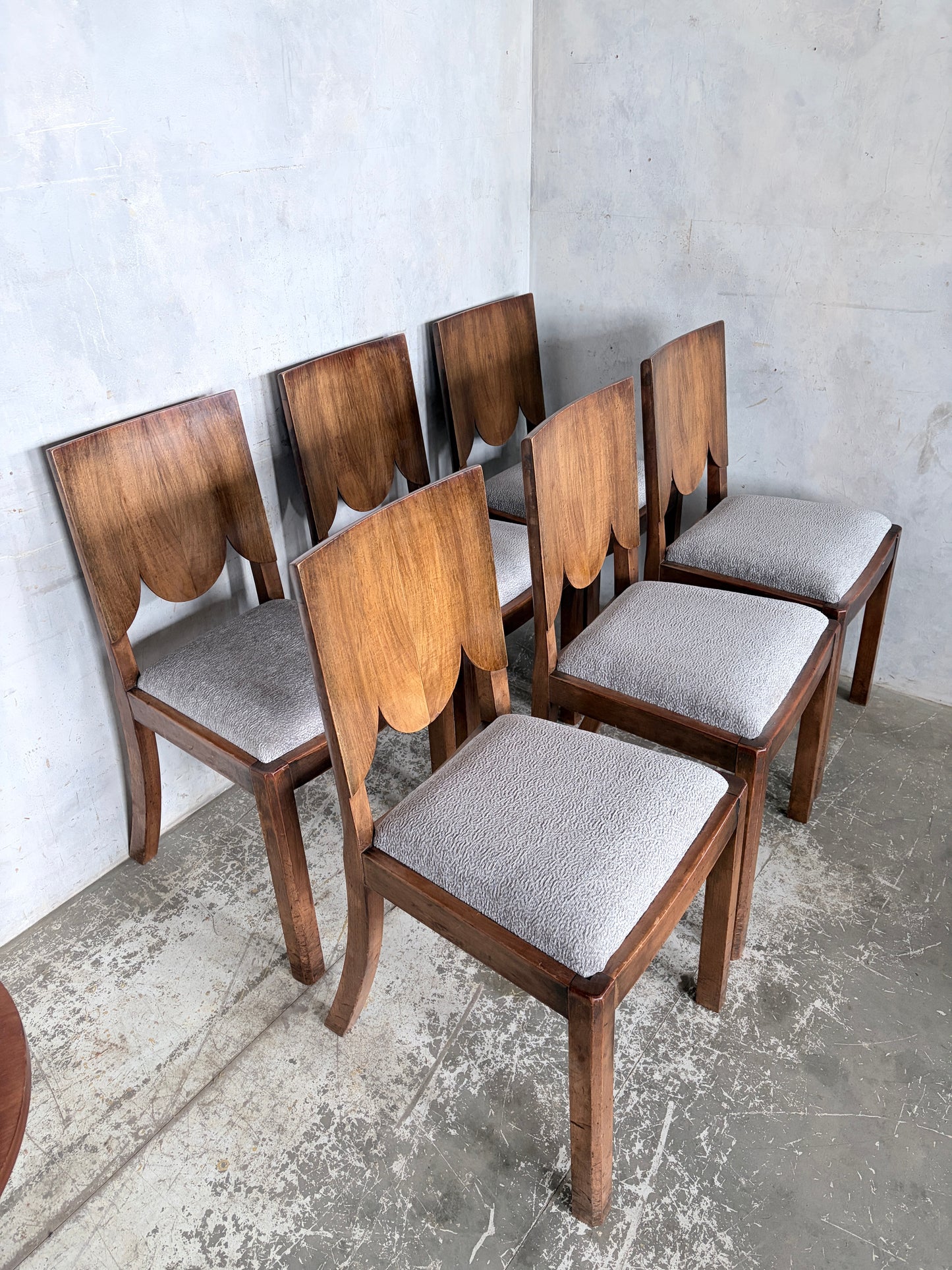 Art Deco Walnut Dining Chairs – Set of Six Sculptural Vintage Dining Chairs