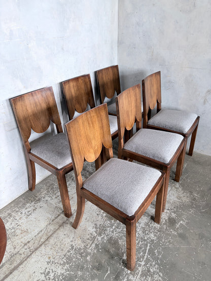 Art Deco Walnut Dining Chairs – Set of Six Sculptural Vintage Dining Chairs