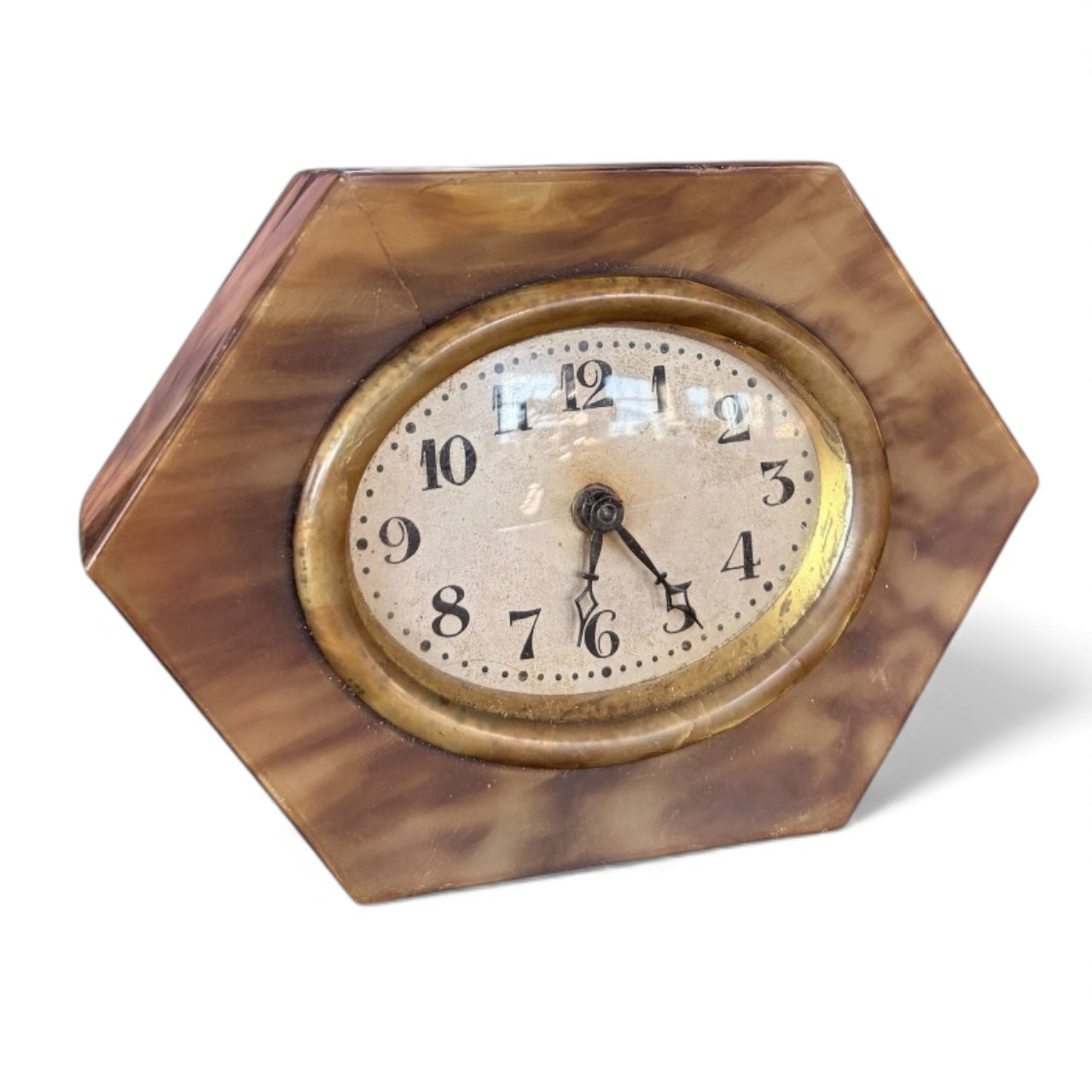 Art Deco Mantel Clock – Hexagonal Vintage Shelf Clock With Marbled Bakelite Design