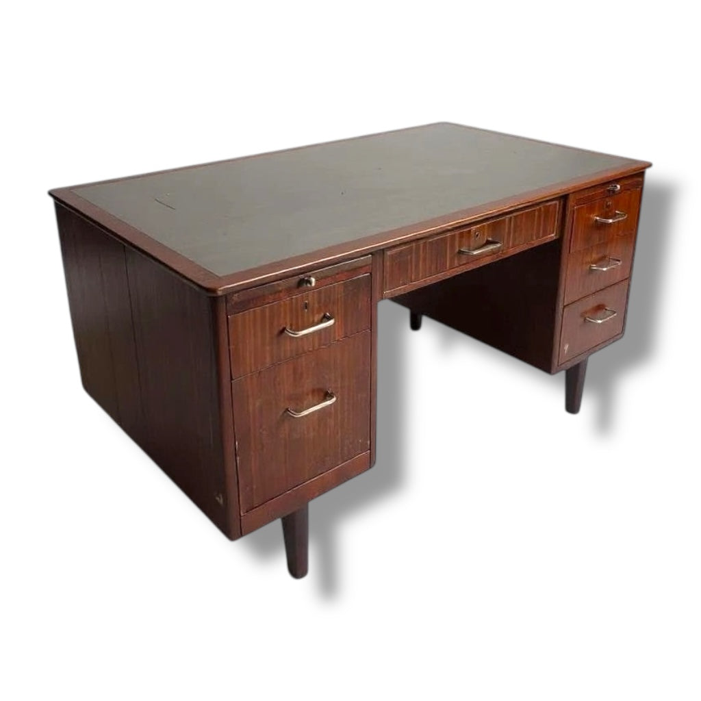 Mid Century Mahogany Desk with Blue-Grey Leather Writing Surface