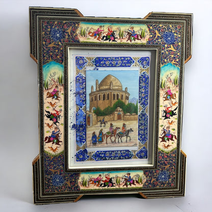 Vintage 1950s Persian Khatam Mosaic Watercolour Painting