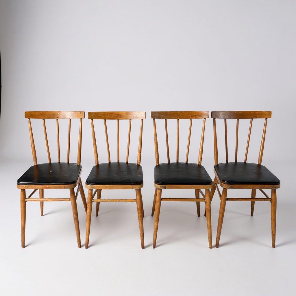 Set of 4 Vintage Stick Back Dining Chairs | Mid-Century Kitchen Chairs with Black Vinyl Seats