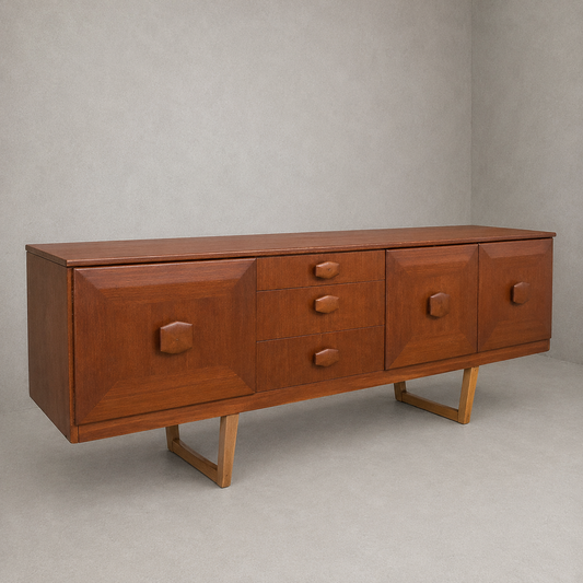 Mid Century Stonehill Teak Long Sideboard Drinks Cabinet with Drop-Down Bar