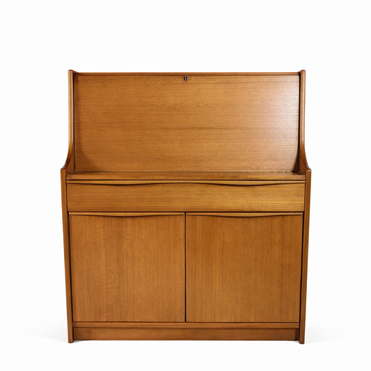 Mid Century Teak Bureau – Vintage Writing Desk With Fall Front Surface & Concealed Storage