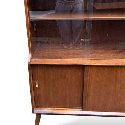 Mid Century Display Cabinet – Walnut Glazed Bookcase With Sliding Glass Doors