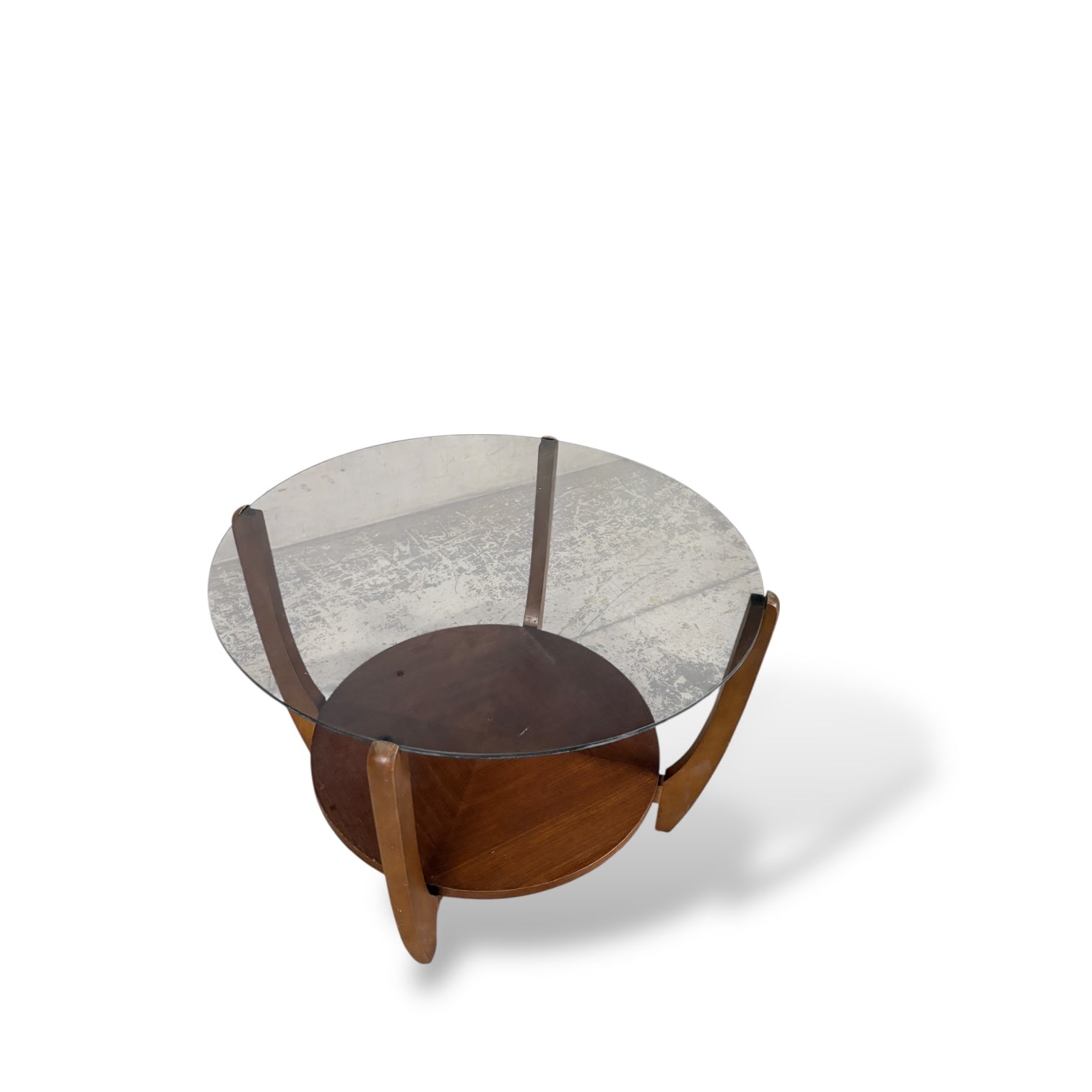 Mid Century Smoked Glass & Teak Round Coffee Table — view 2