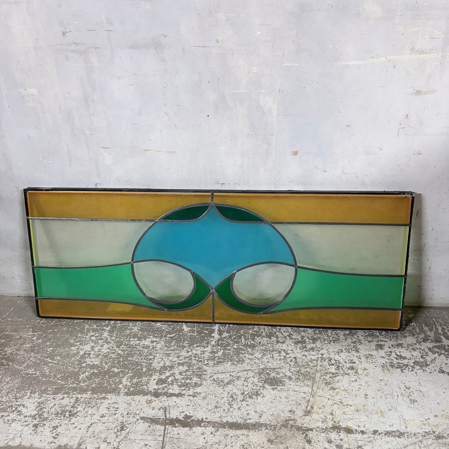 Vintage Stained Glass Window Panel – Geometric Leaded Glass in Green, Amber & Blue