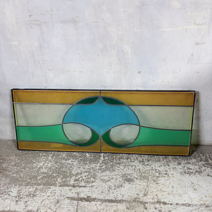 Vintage Stained Glass Window Panel – Geometric Leaded Glass in Green, Amber & Blue