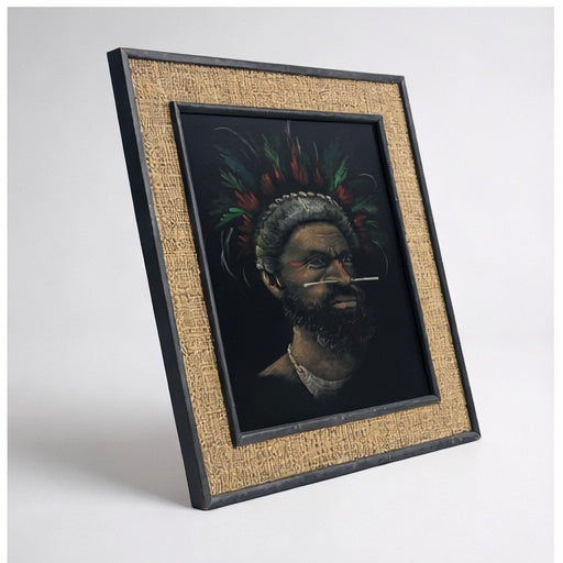 Vintage Ethnographic Portrait on Velvet – Signed Hessian Framed Artwork