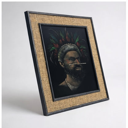 Vintage Ethnographic Portrait on Velvet – Signed Hessian Framed Artwork