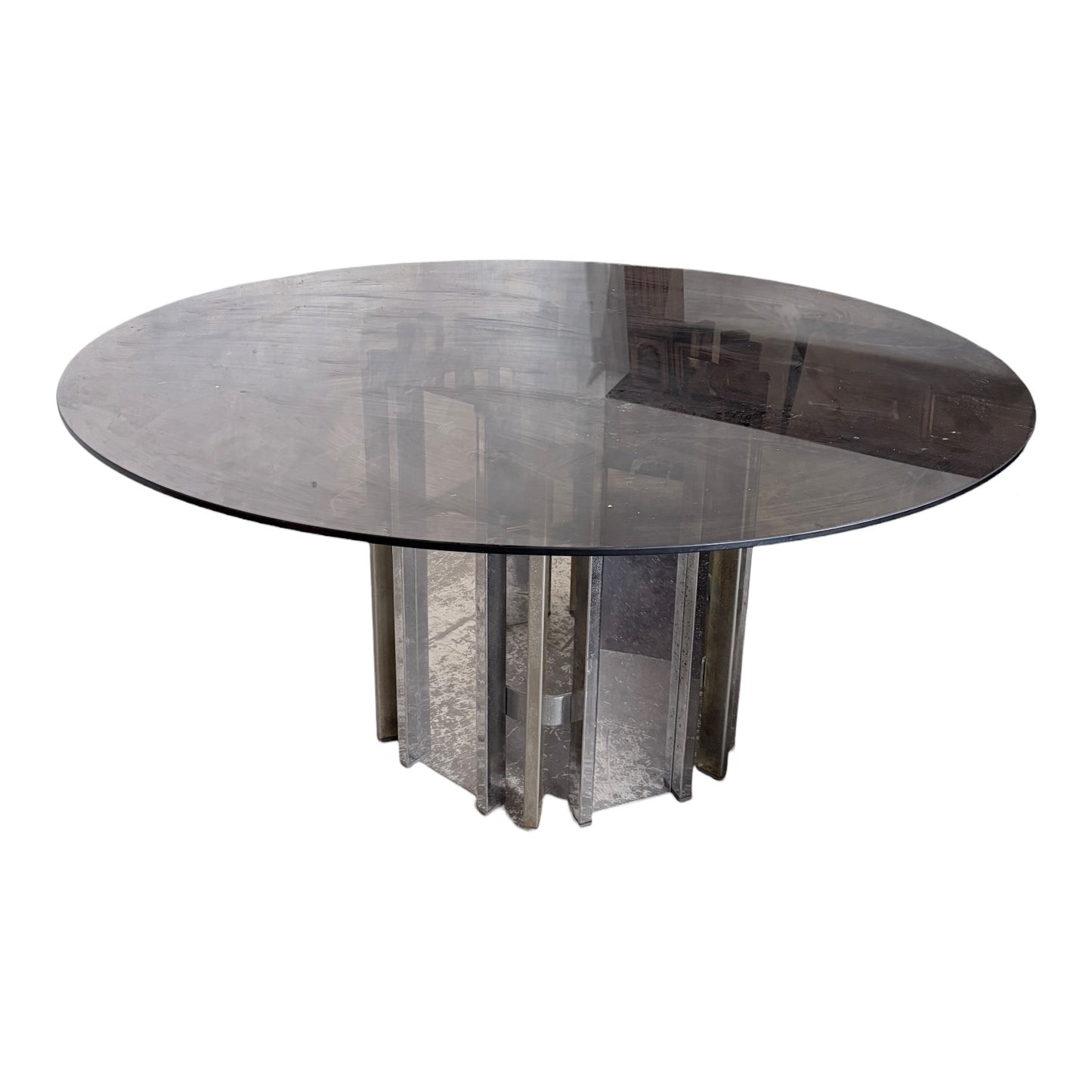 1980s Pieff Smoked Glass Dining Table – Chrome & Mirrored Sculptural Base