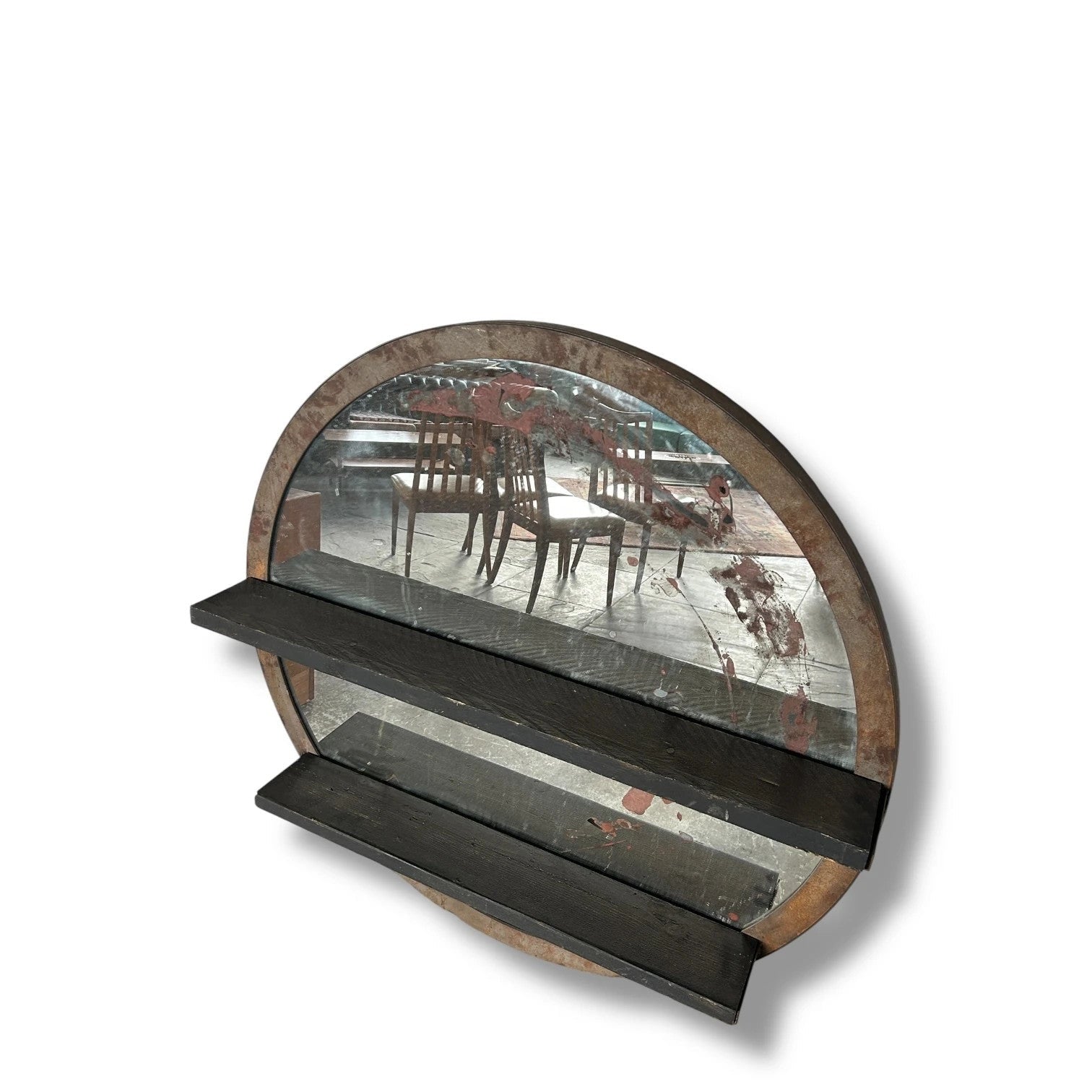 Antique Large Industrial Circular Mirror with Shelves — view 5