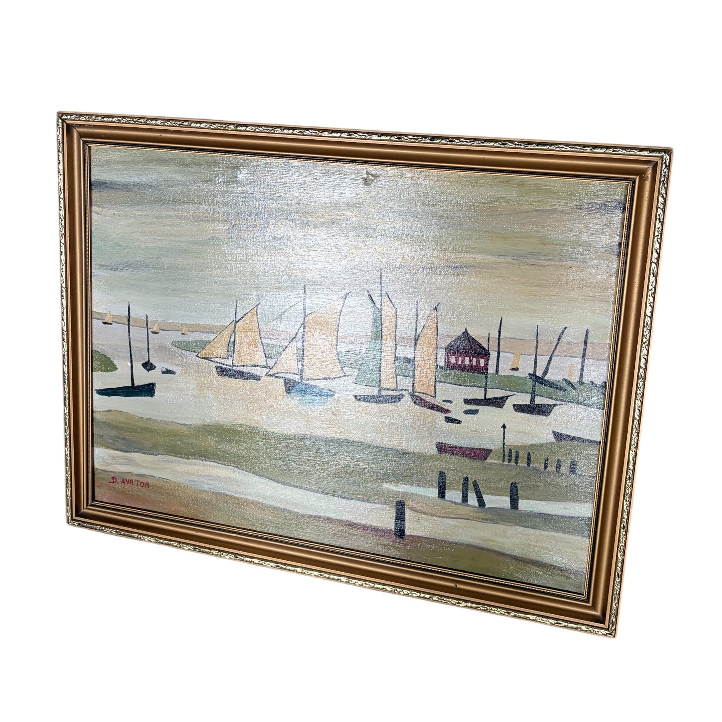 Vintage Coastal Harbour Painting by D. Ayrton – Sailboats & Shoreline in Ornate Gold Frame